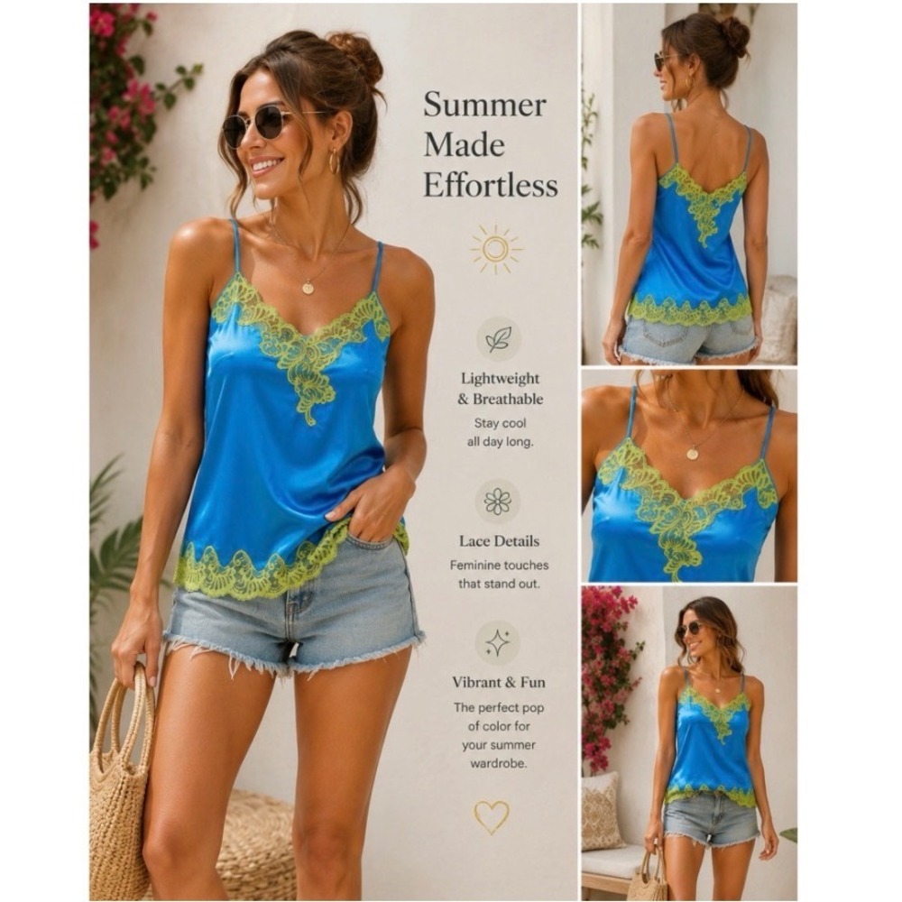 Valerie Stevens Satin Lace Camisole Fairycore Women Top Turquoise Cottagecore
